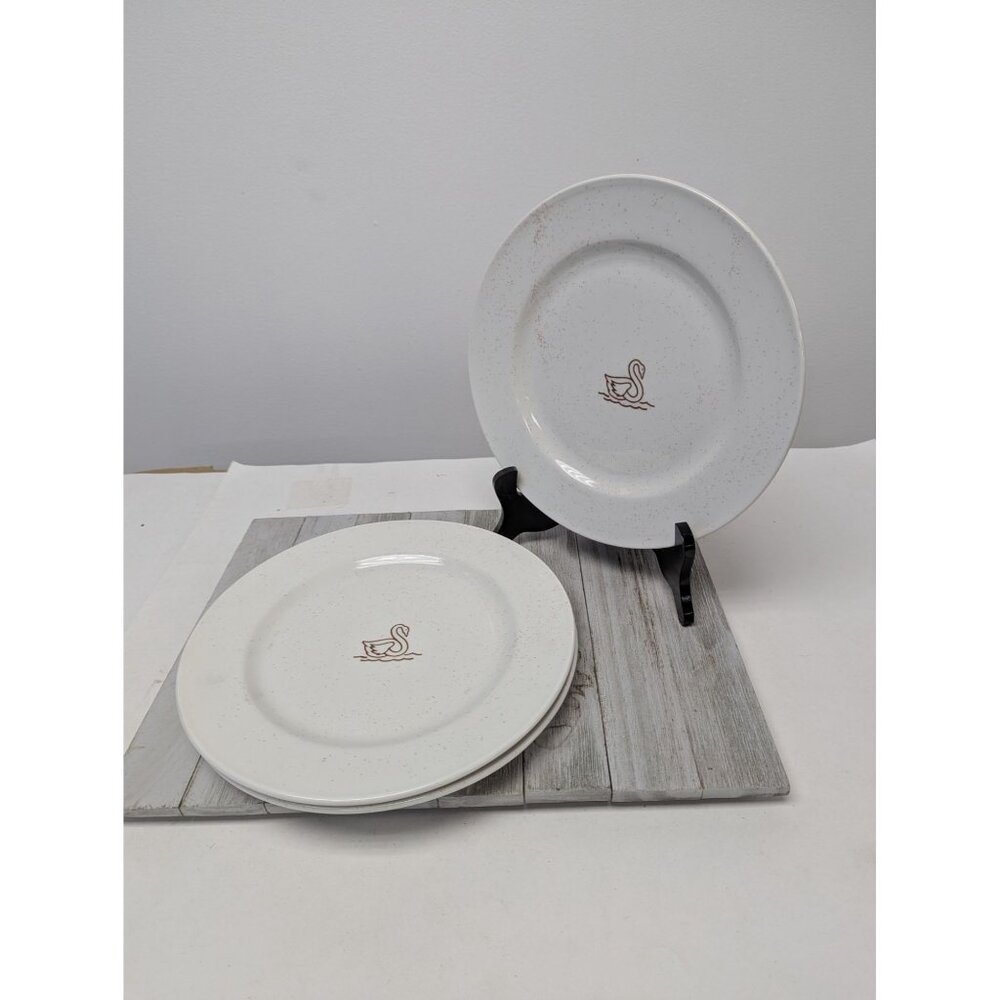 Vintage Schwans Set of 3 Dinner Plates White Brown Speckles Swan Logo 10 1/2"
